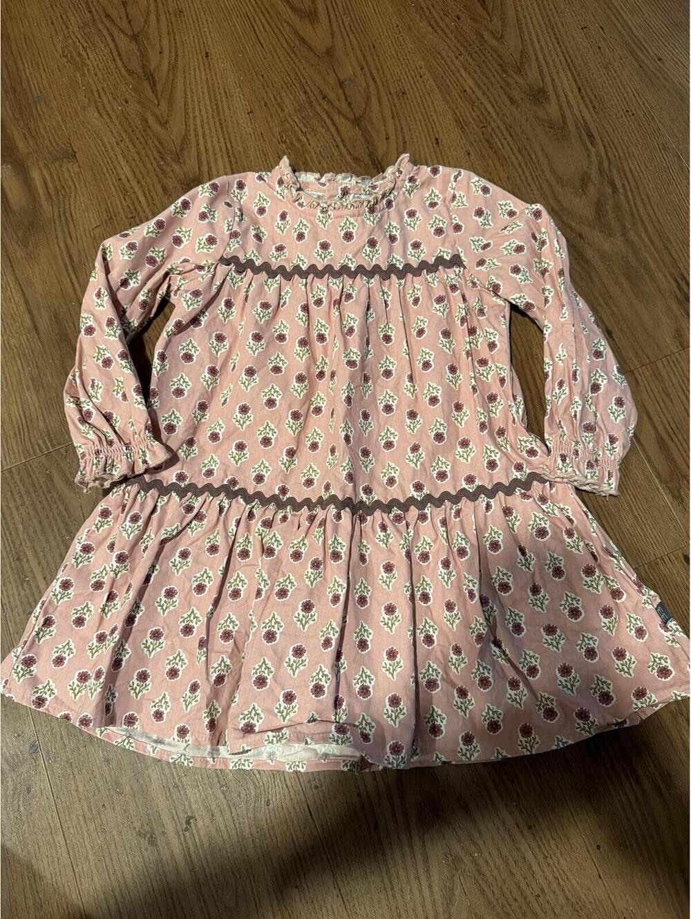 Girls' Pink Floral Long Sleeve Dress with Ruffle Details